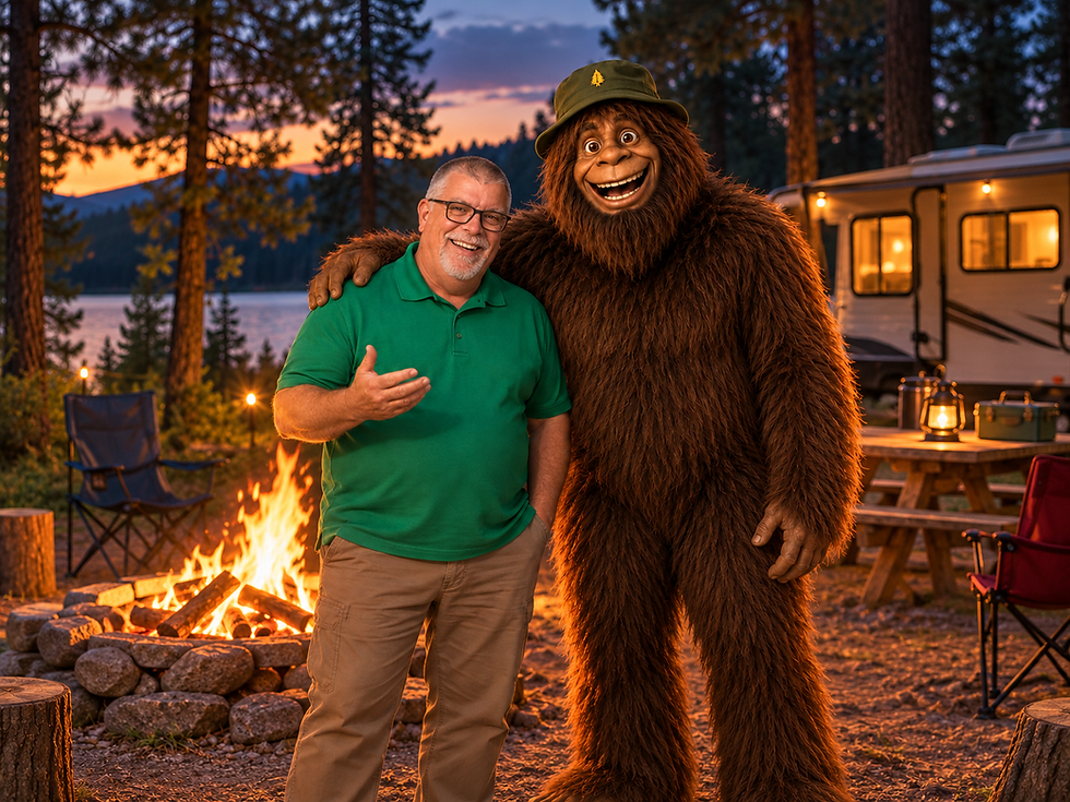 Joe "Squatch" Stanford and Squatch standing by a campfire at a wooded campsite at dusk