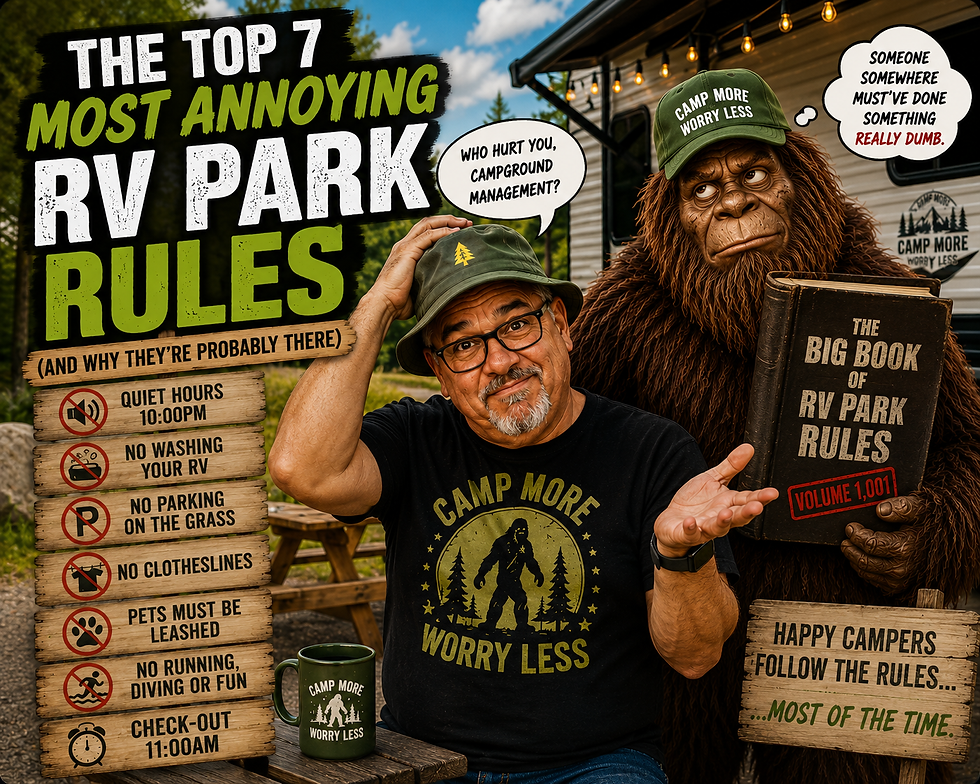 Joe "Squatch" Stanford and Squatch reacting to common RV park rules at a campground while discussing campground etiquette, quiet hours, pet policies, and camping courtesy.