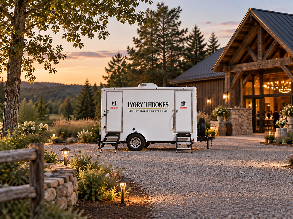 Concept image of the two-room Signature Suite restroom trailer beside an event venue at sunset.