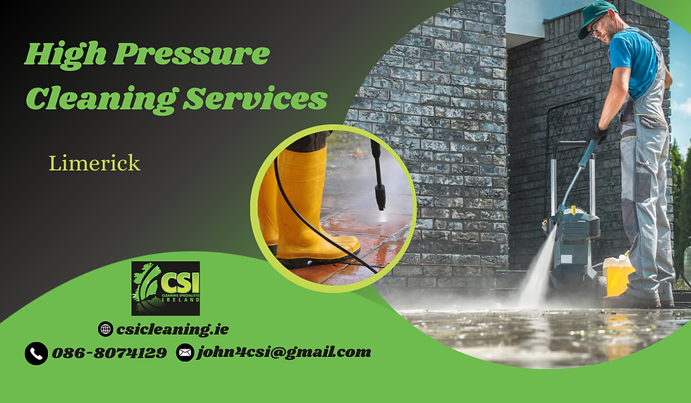 Man power washes a patio near a brick house. Text: High Pressure Cleaning Services, Limerick. Contact info and company logo displayed.