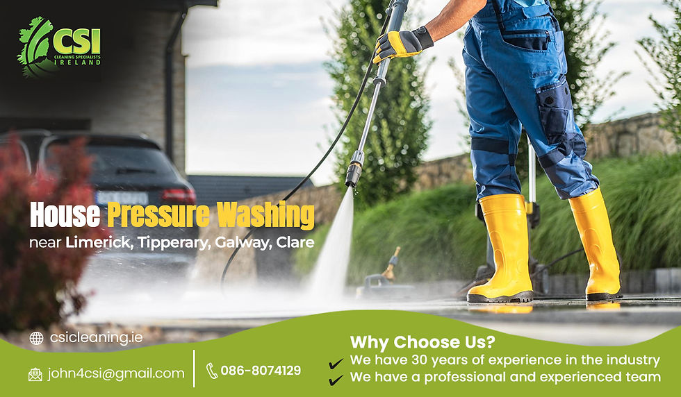 Person in yellow boots pressure washing a driveway. Text advertises house pressure washing in Ireland with contact details and services.