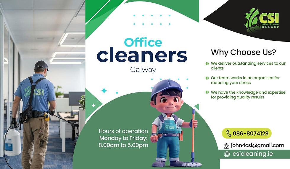 A cleaner in a blue shirt works in an office. Cartoon mascot with a mop. Text: Office Cleaners Galway, contact info, services.