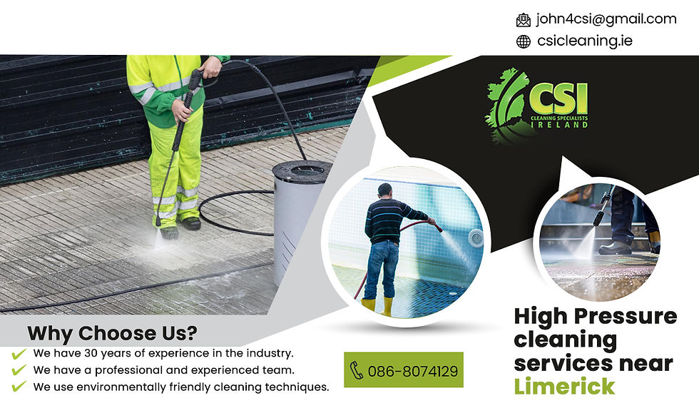 Person in yellow gear power-washing pavement. Text: "High Pressure cleaning services near Limerick." Contact info and eco-friendly claim included.