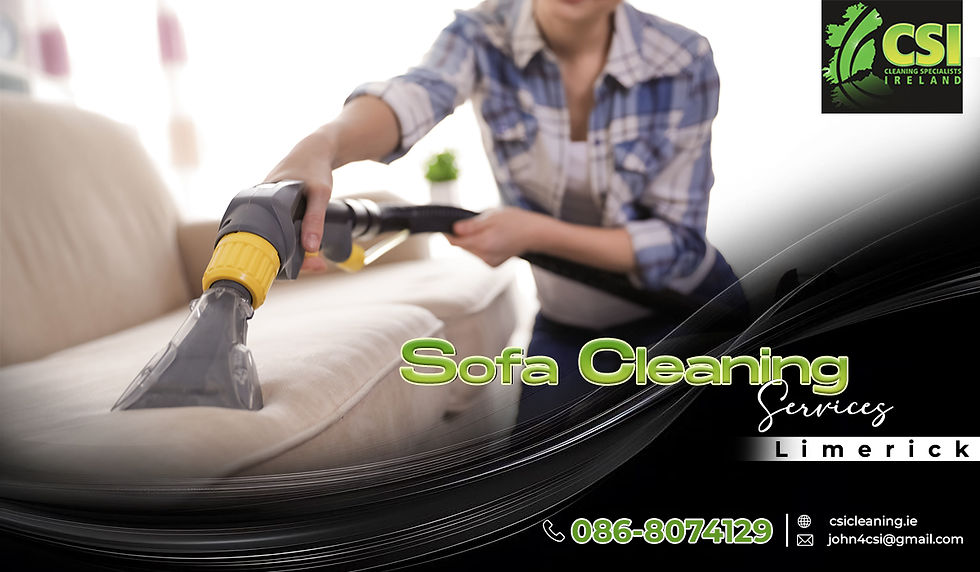 Person cleaning a sofa with a vacuum in bright room. Text: "Sofa Cleaning Services Limerick". Includes contact details and logo.