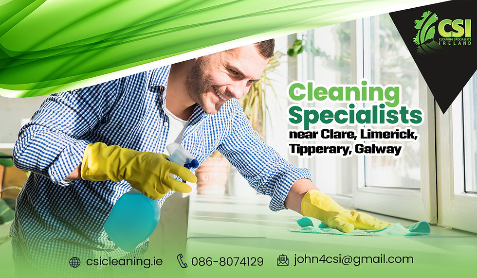 Man in yellow gloves cleaning a window with blue spray and cloth. Text: "Cleaning Specialists near Clare, Limerick, Tipperary, Galway."