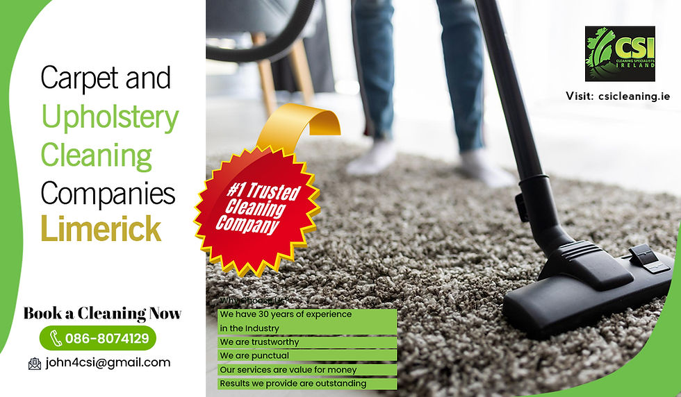 Person vacuuming a carpet. Text: "Carpet and Upholstery Cleaning Companies Limerick." Includes contact info and a "Trusted Cleaning Company" badge.