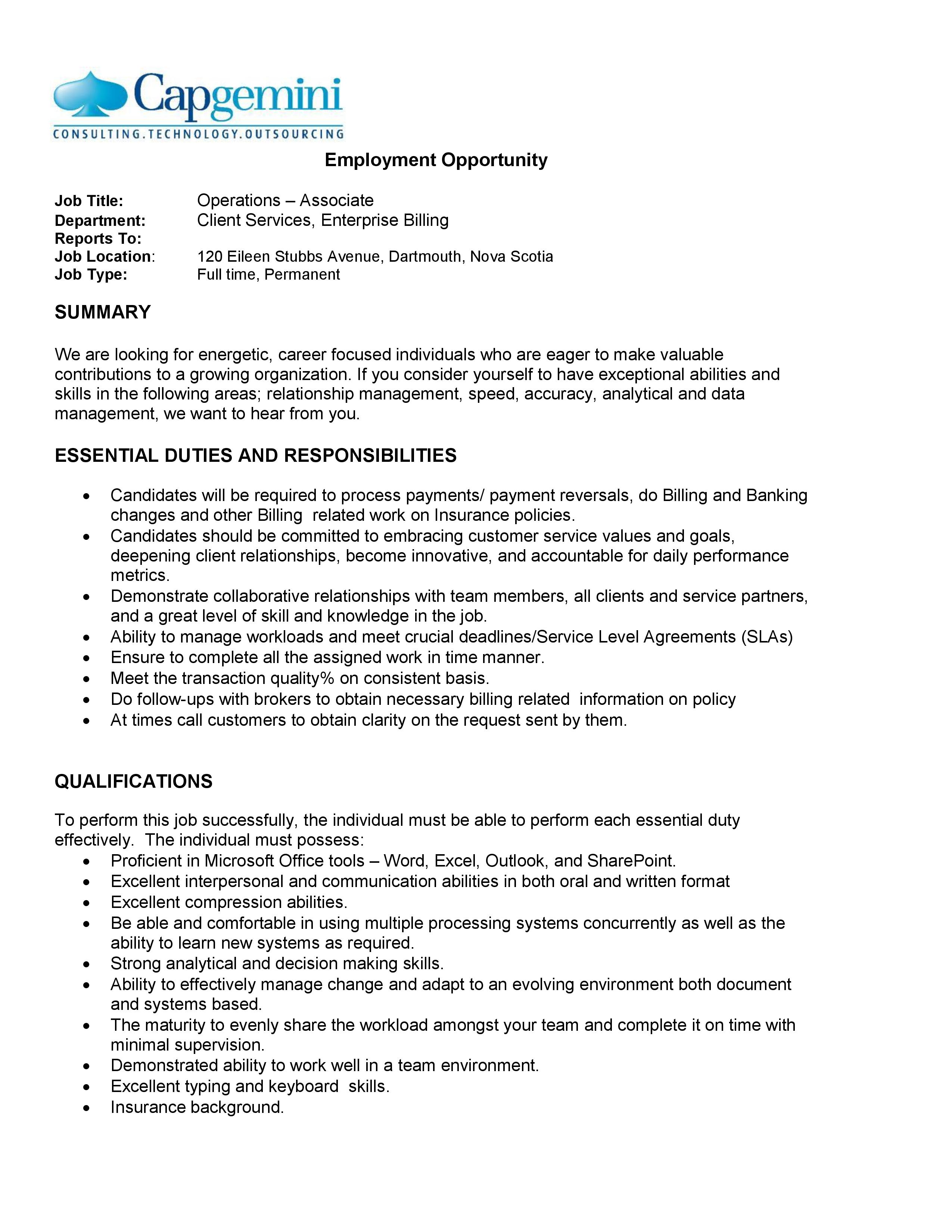 capgemini operations associate opportunity place resource center operations associate job description