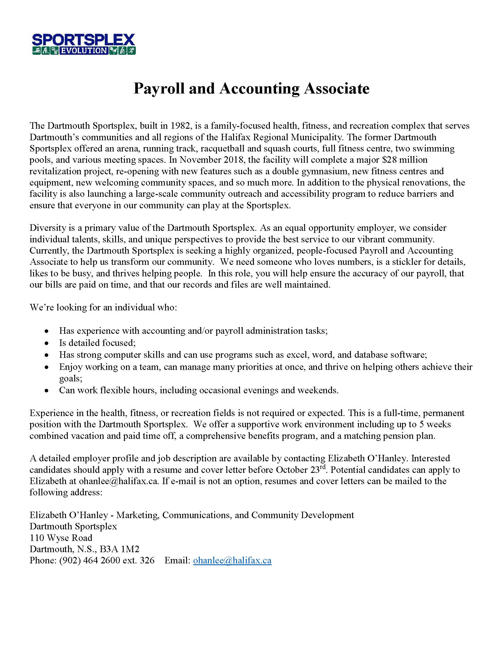 dartmouth sportsplex payroll and accounting associate associate accountant job description