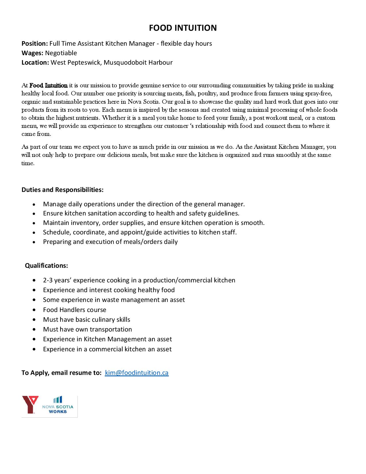 food intuition full time assistant kitchen manager kitchen manager responsibilities