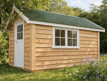 British Larch feather edge garden shed with green corrugated roof and white painted doors in an English garden