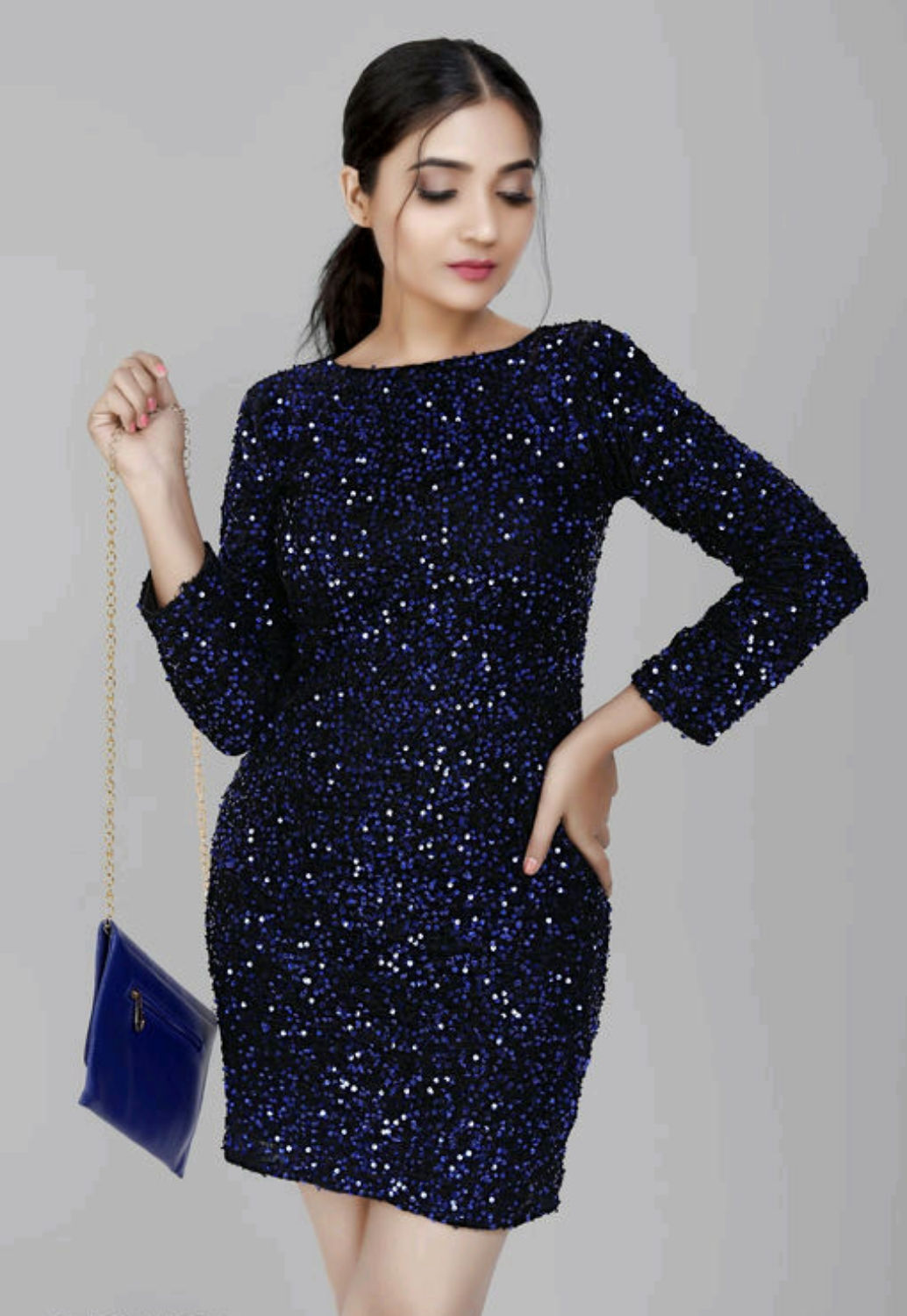 Feminine Bodycon Sequinned Blue Dress