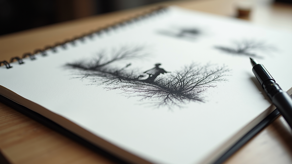 Eye-level view of a sketchbook showing stages of ink drawing development