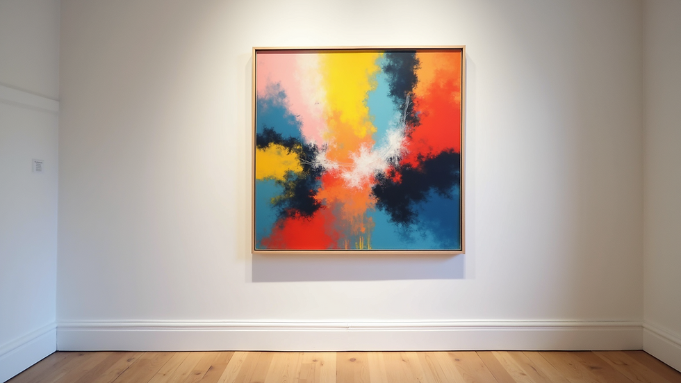 Eye-level view of a colourful abstract painting on a gallery wall