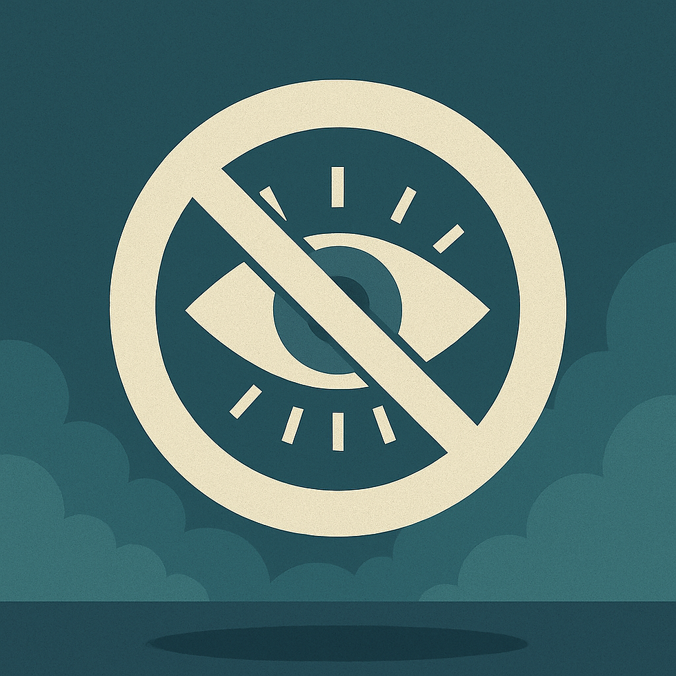An eye symbol with a slash through it, signaling "do not view," on a blue background with stylized clouds. Symbol in beige. Metaphor for data inaccuracy and big brother myth.