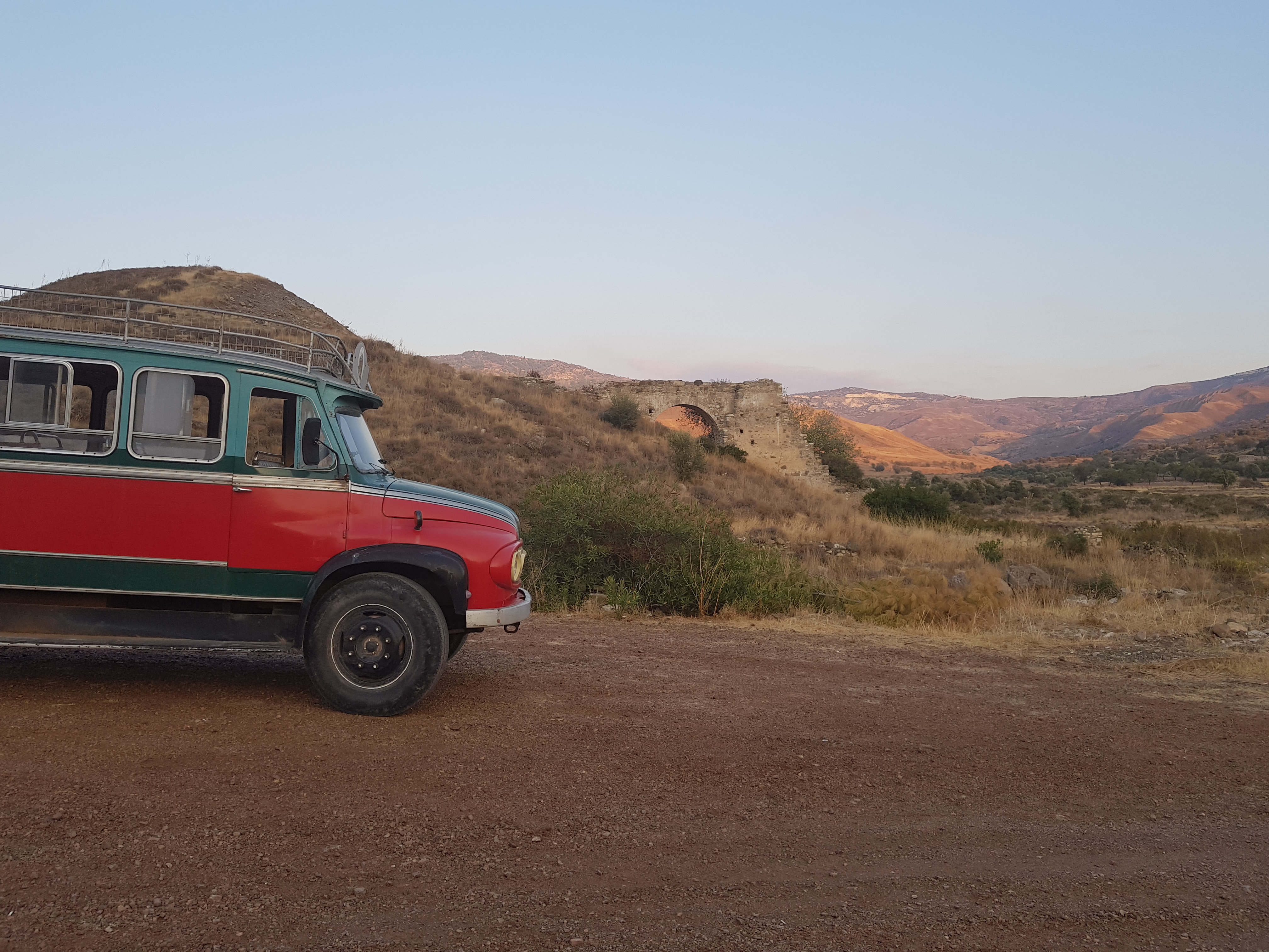Old bus by old water mill at Xeros.