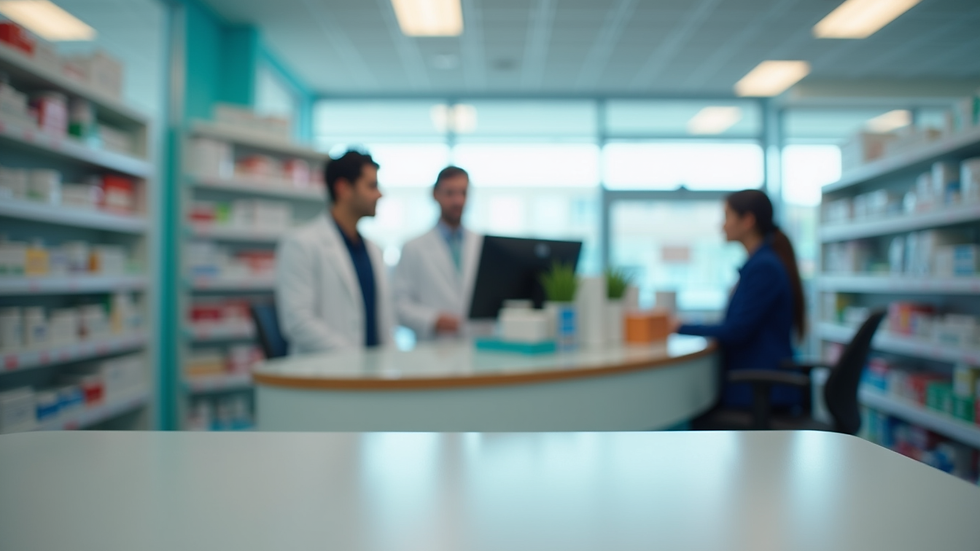 Close-up view of a pharmacy counter with a computer and customer service area