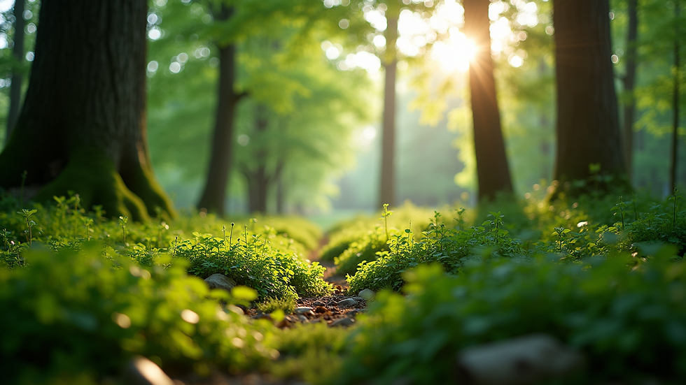 Eye-level view of a lush green forest with sunlight filtering through the leaves