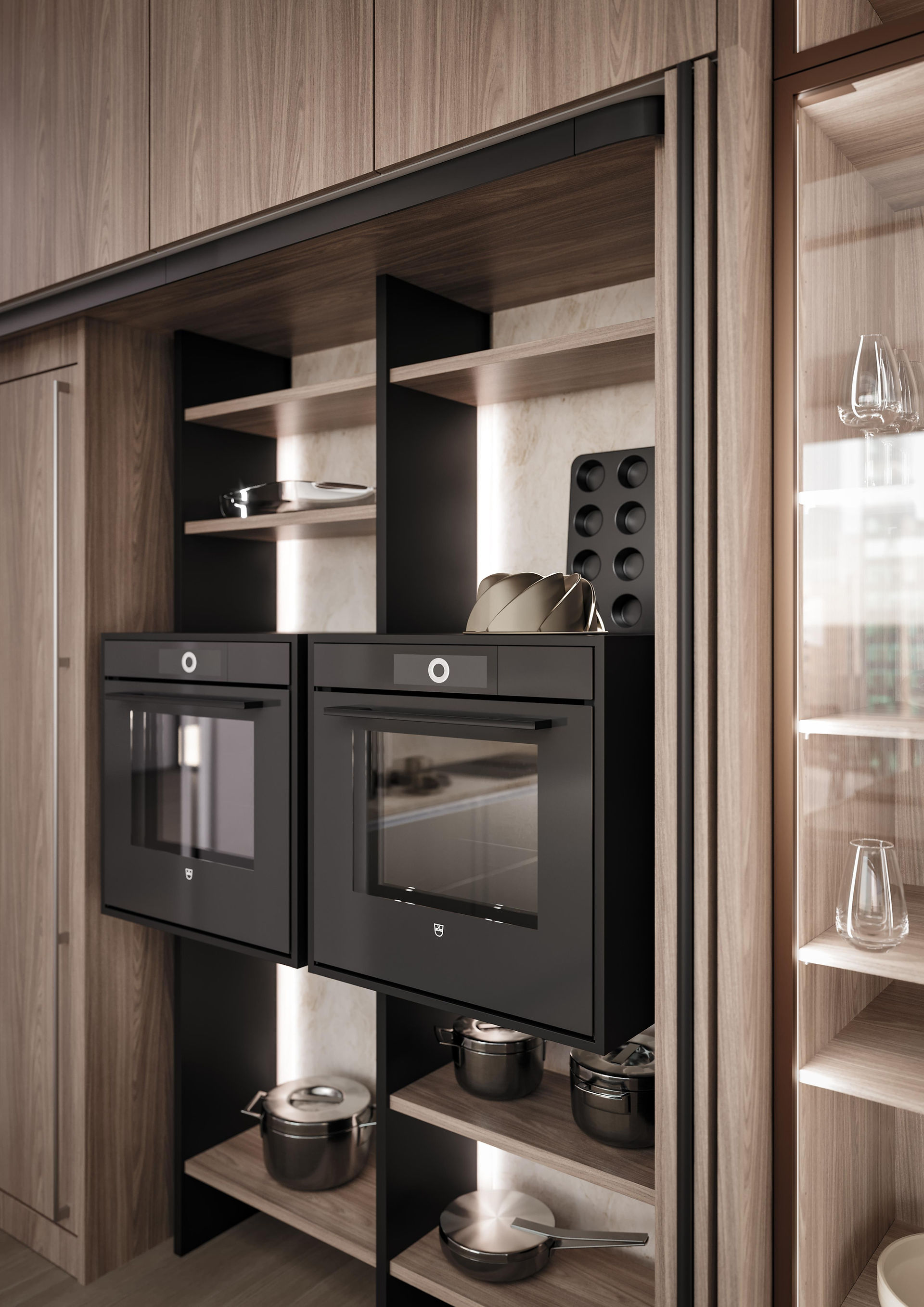 Elegant beige kitchen cupboards with wood accents and a contemporary backsplash