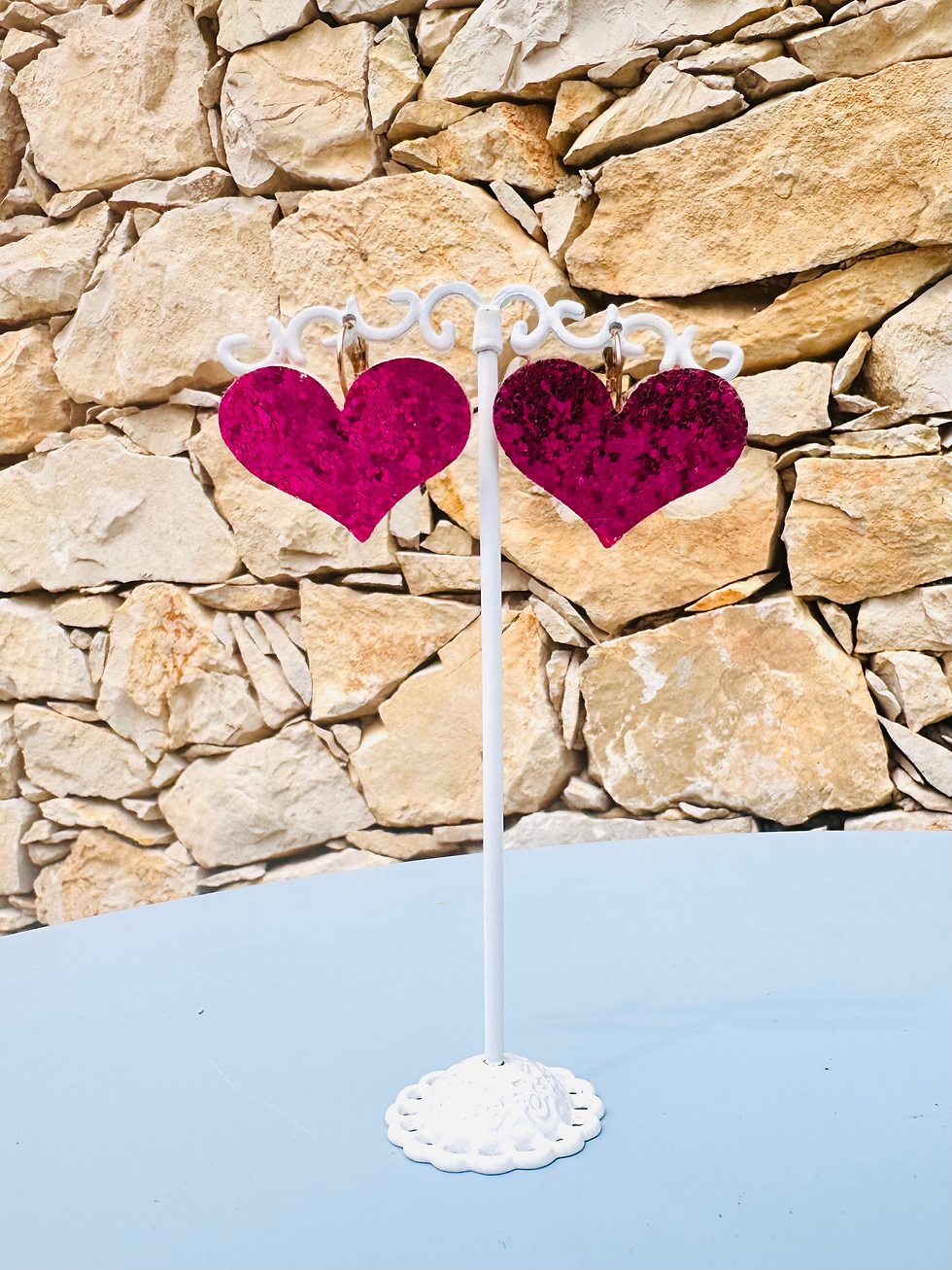 Miniature : Boucles d'oreilles Cœurs feutrine rose pailleté