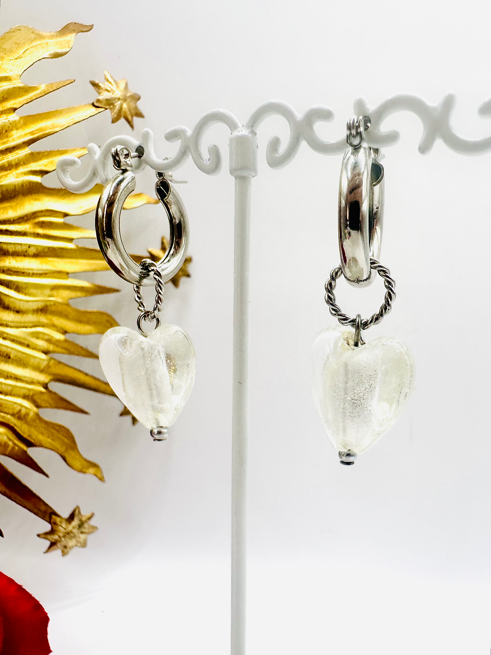 Miniature : Boucles d'oreilles Anneaux cœurs argentés et blancs