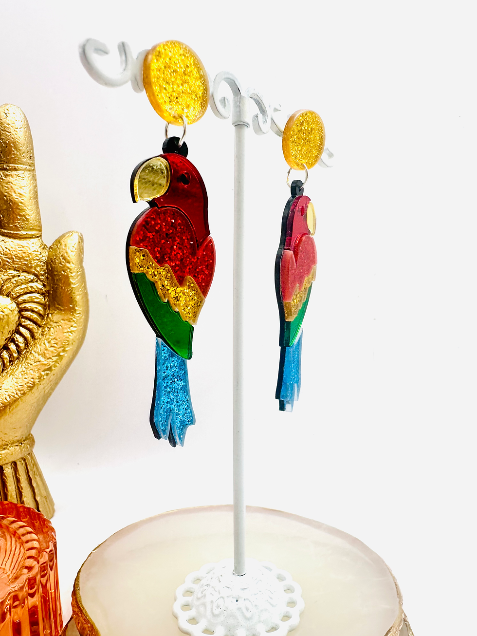 Miniature : Boucles d'oreilles Perroquets #5 rouge doré vert bleu