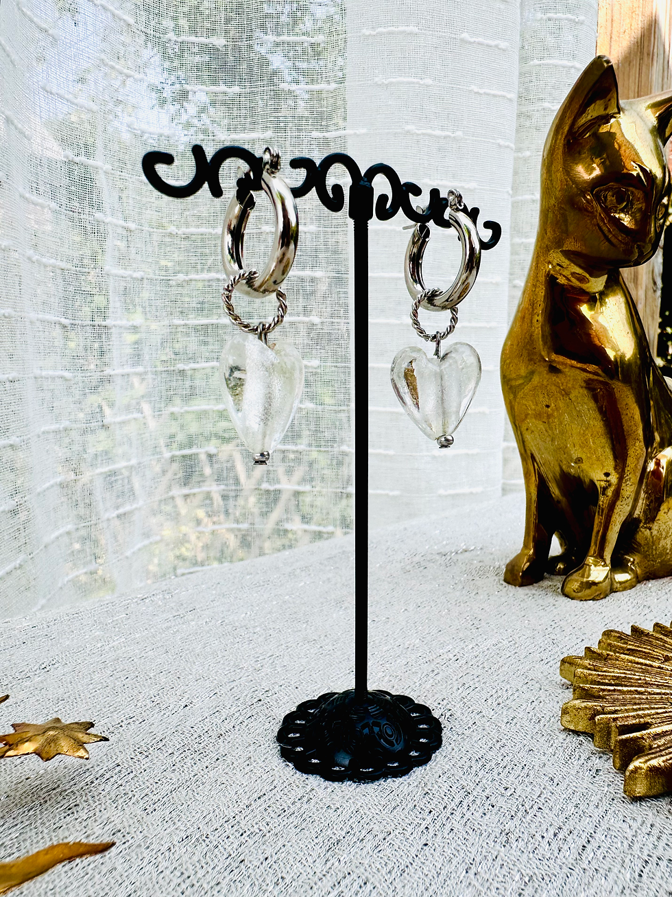 Miniature : Boucles d'oreilles Anneaux cœurs argentés et blancs