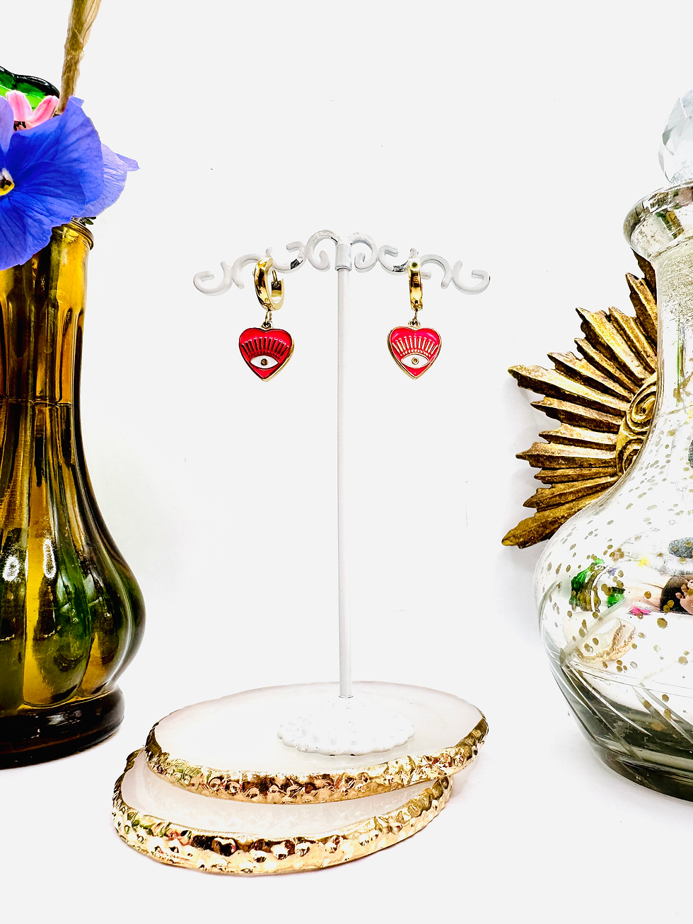 Miniature : Boucles d'oreilles Anneaux cœur œil dorés et roses 