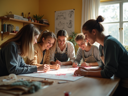 A-group-of-people-collaborating-on-a-group-art-project-in-a-vibrant-workshop-setting-with-