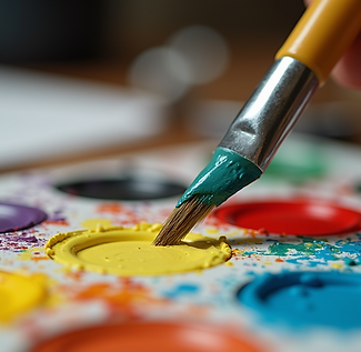 Close up shot of art supplies, paint brushes and colorful paint..png