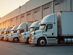 Trucks staged at a warehouse dock at sunrise, reflecting the coordination distribution plans must account for at the jobsite
