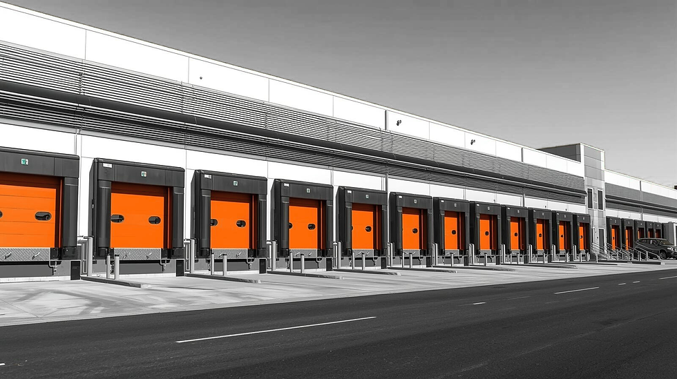Warehouse docking stations with orange doors