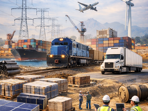 Landscape view of a large scale infrastructure logistics site with stacked materials in the foreground, workers coordinating deliveries, and integrated transportation including a freight train, semi truck, cargo ship, aircraft, power transmission towers, and a wind turbine in the background.