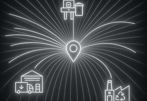 Glowing network graphic with a central location pin connected by radiating lines to icons representing an on-site pickup, warehouse delivery truck, and recycling facility, illustrating reverse logistics and asset recovery.