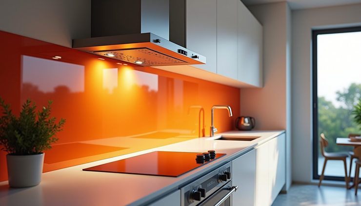 Eye-level view of a modern kitchen with a colorful glass splashback behind the stove