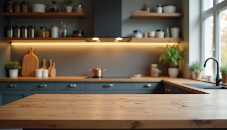 Eye-level view of a bespoke wood table with a glass splashback featuring spice jars in a Norwich kitchen