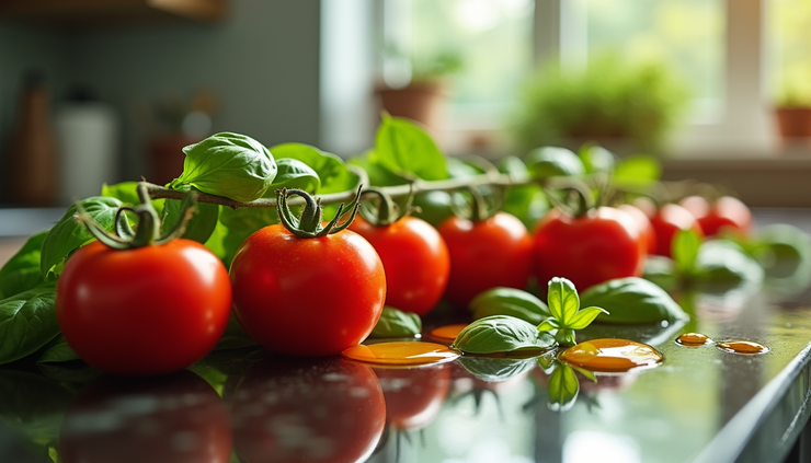 Close-up view of a glass kitchen splashback featuring vibrant bruschetta ingredients