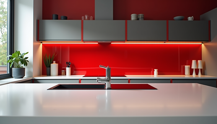 Eye-level view of a sleek kitchen featuring a vibrant red glass splashback behind the stove in a Norwich home