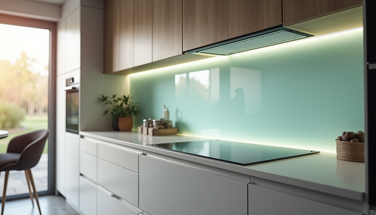 Eye-level view of a bespoke glass kitchen splashback in a contemporary Norwich kitchen