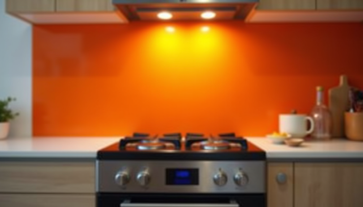 Eye-level view of a bright orange glass kitchen splashback installed behind a stove in a modern Birmingham kitchen