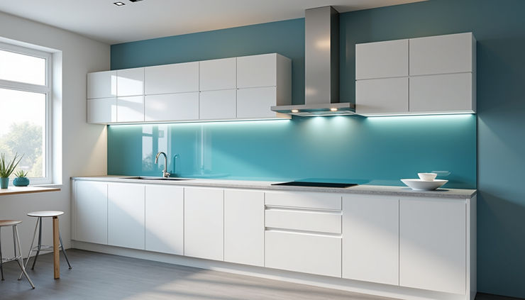 High angle view of a kitchen with blue glass splashback and white cabinets, showcasing a clean and modern design