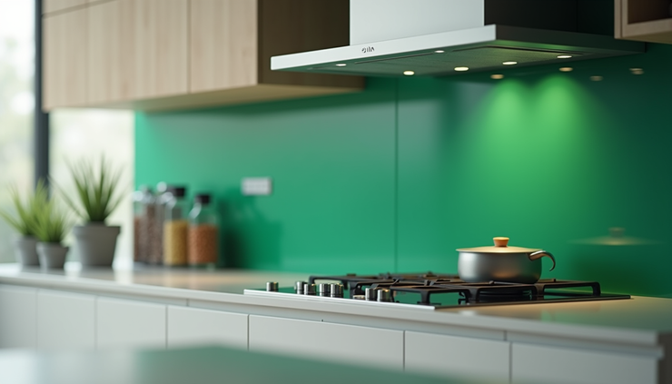 Eye-level view of a vibrant green coloured glass splashback in a modern Acle kitchen