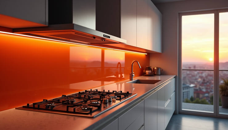 Eye-level view of a modern kitchen with a vibrant sunset glass splashback behind the stove and sink