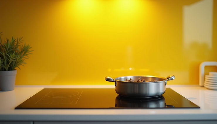 Eye-level view of a yellow glass splashback installed behind a modern kitchen hob in a Norwich home
