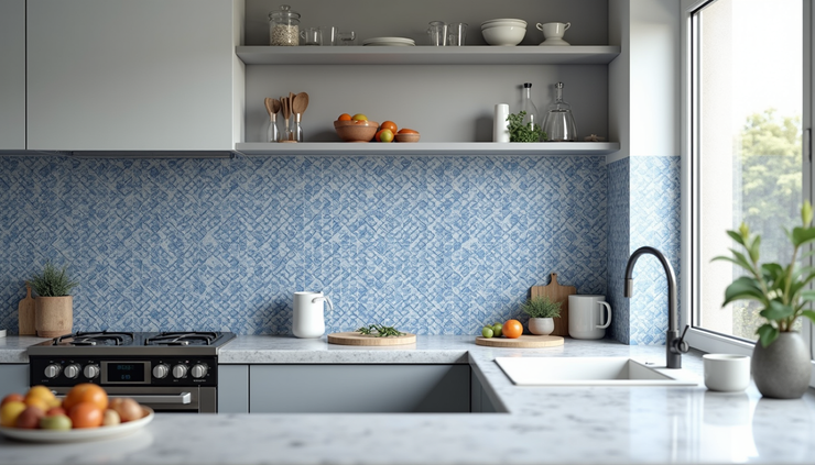 Eye-level view of a modern kitchen splashback with blue and white tiles in a Gorleston home