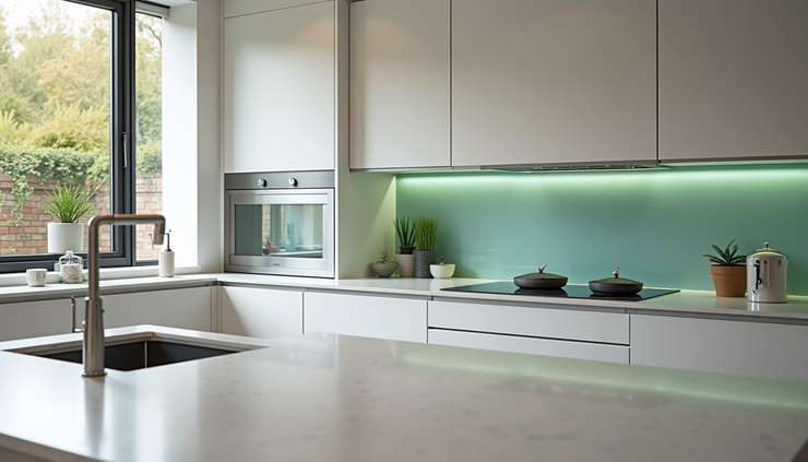 Eye-level view of a bespoke glass kitchen splashback with a waterfall effect in a modern Norwich kitchen
