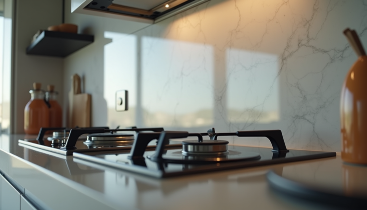 Eye-level view of a sleek glass kitchen splashback installed behind a modern stove in a Norwich home