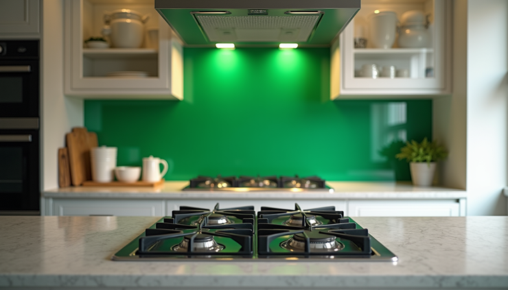Eye-level view of a modern Manchester kitchen featuring a vibrant green glass splashback behind the stove