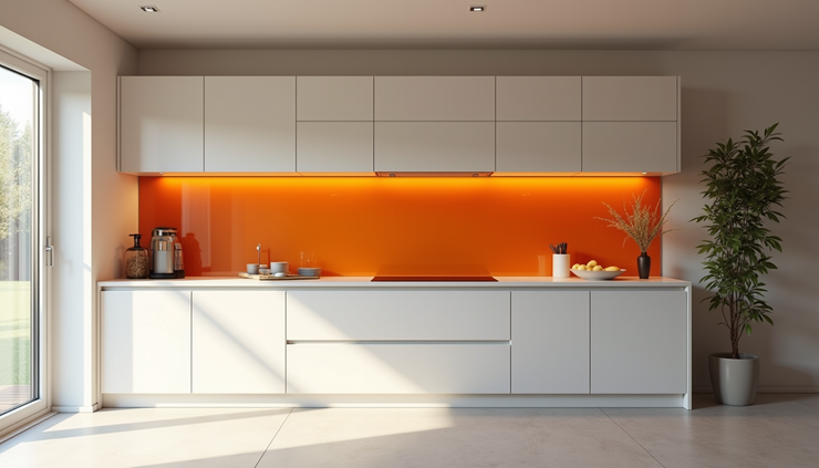 Eye-level view of a modern kitchen featuring a bright orange glass splashback behind the stove in a Norwich home