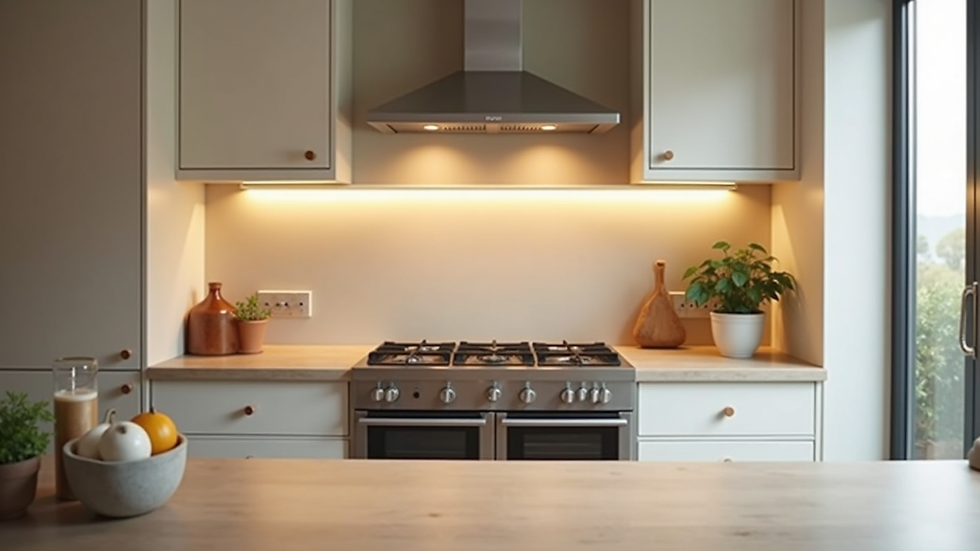 Eye-level view of a modern kitchen with a beige glass splashback behind the stove