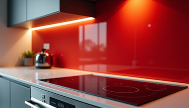 Eye-level view of a coloured glass kitchen splashback installed behind a stove